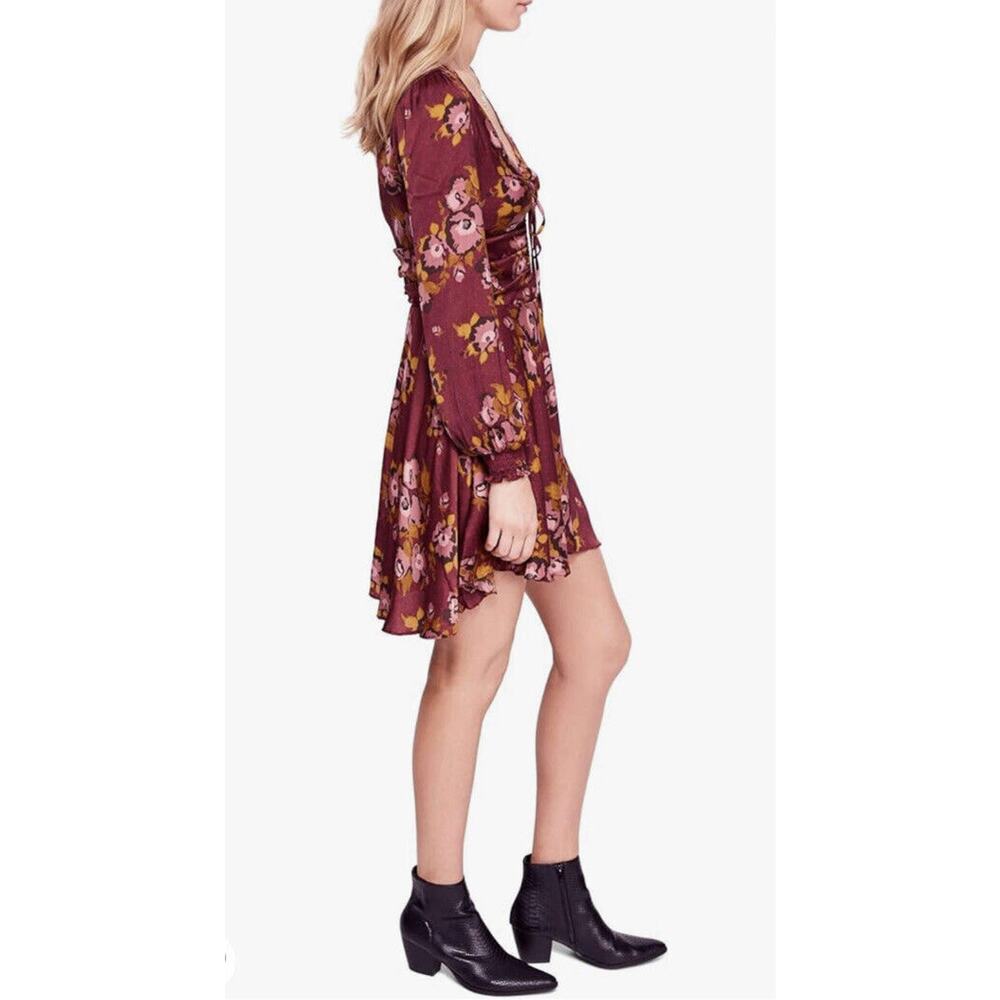 Free People Morning Light Floral Mini Dress Wine Purple Long Sleeve Womens M 6 - Picture 4 of 13